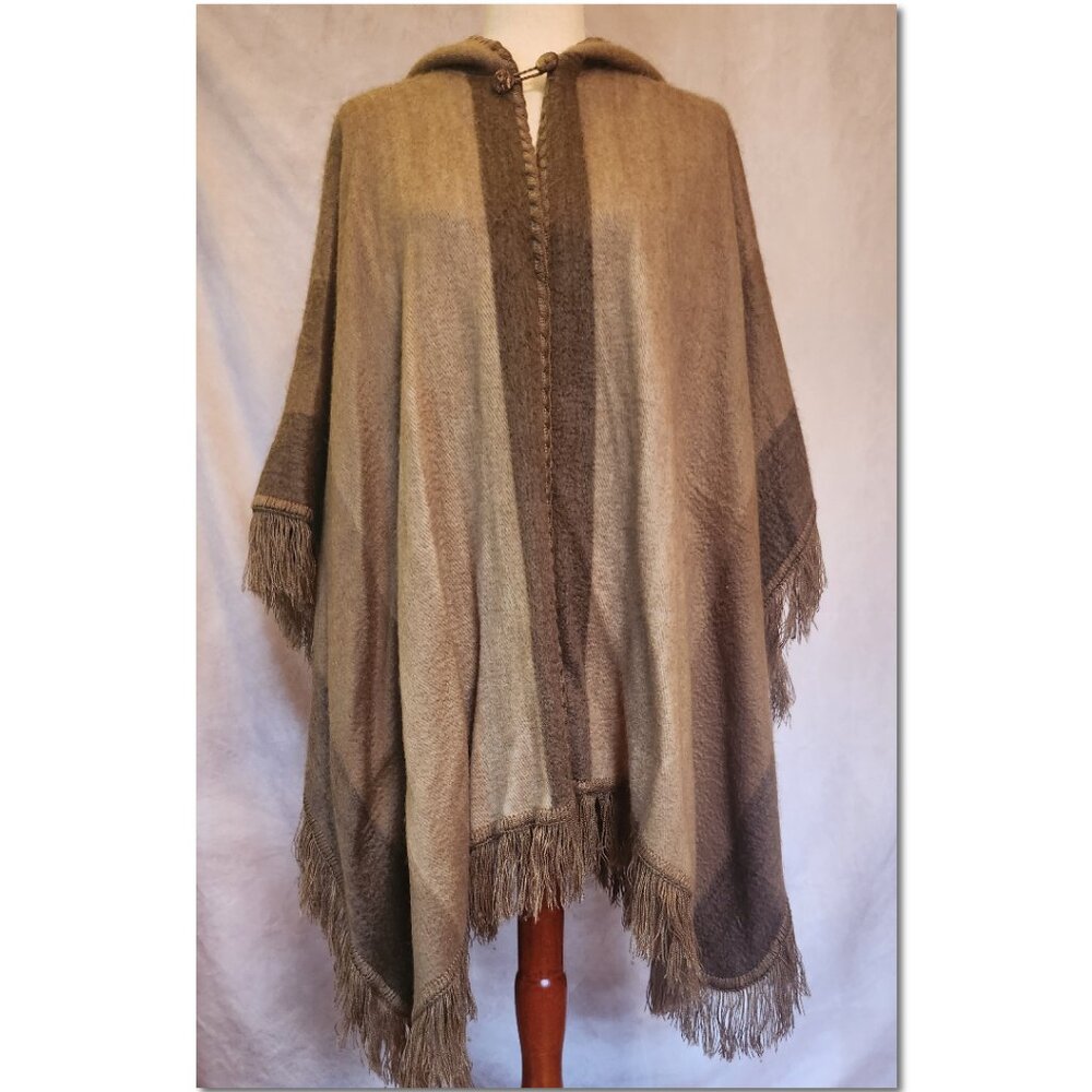 LOS Andes Shop 100% VERY SOFT Alpaca Hooded Fringe Neutral Tan Poncho OS